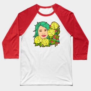 Green Haired Woman with Yellow Roses Baseball T-Shirt